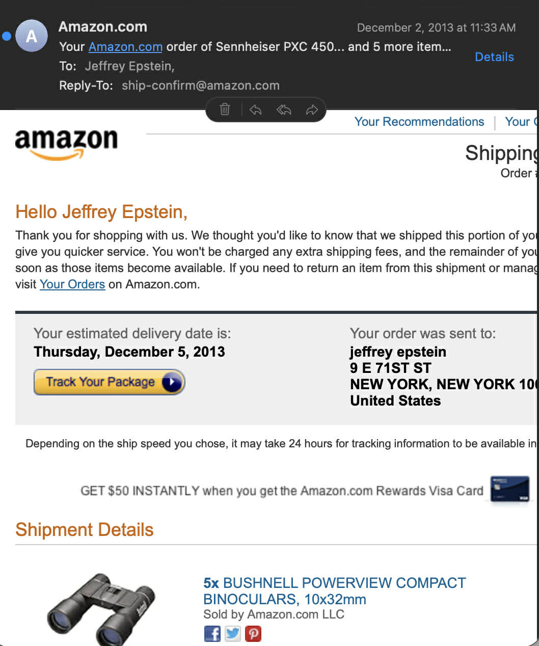 Amazon order from December 2, 2013