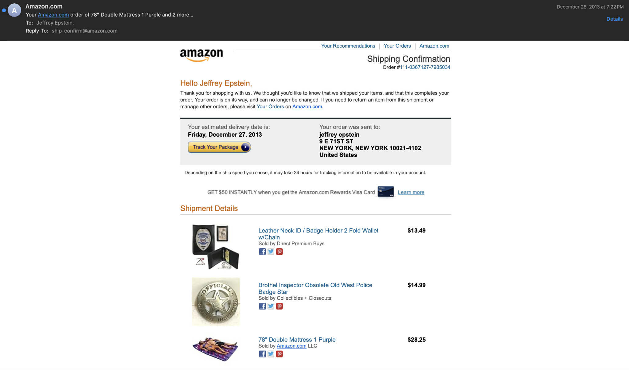 Amazon order from December 26, 2013