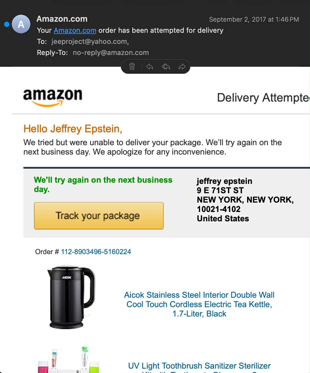 Amazon order from September 2, 2017