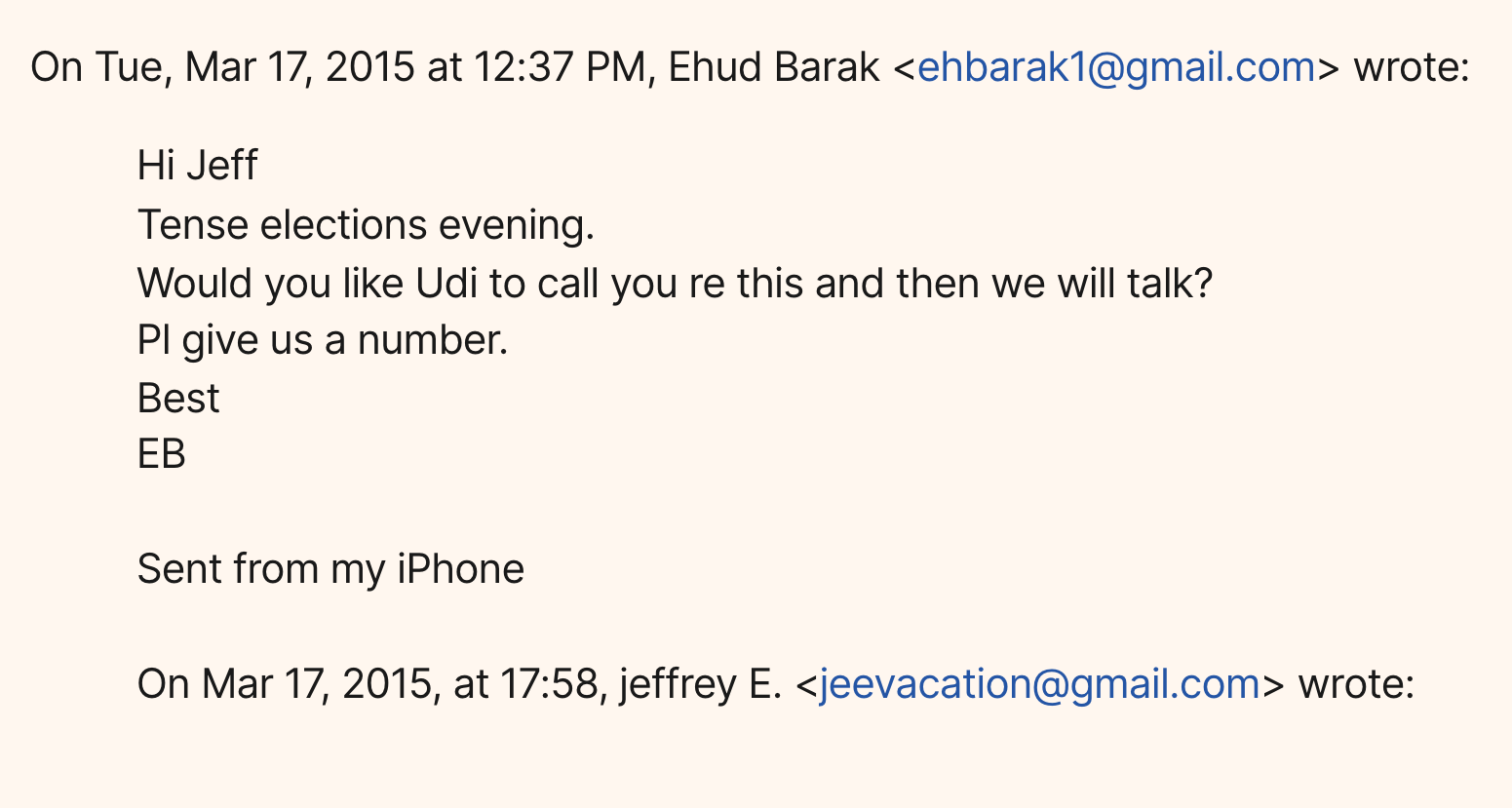 Email from Ehud Barak - March 17, 2015