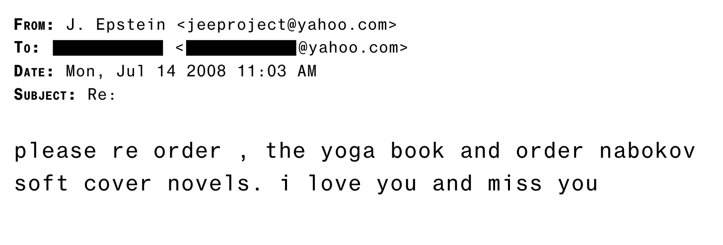 Email from J. Epstein requesting yoga book and Nabokov novels