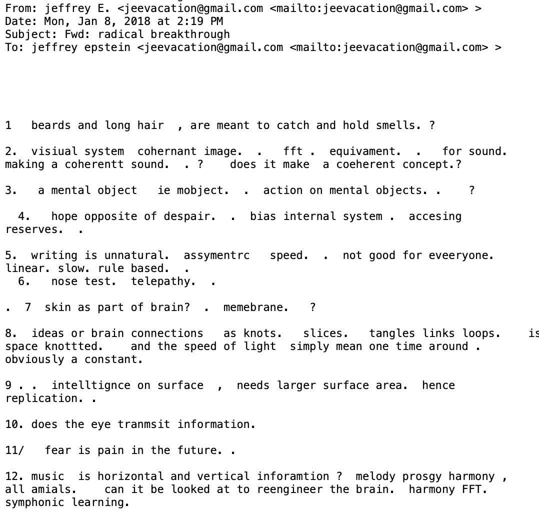 Email from Jeffrey E. to Jeffrey Epstein regarding radical breakthrough