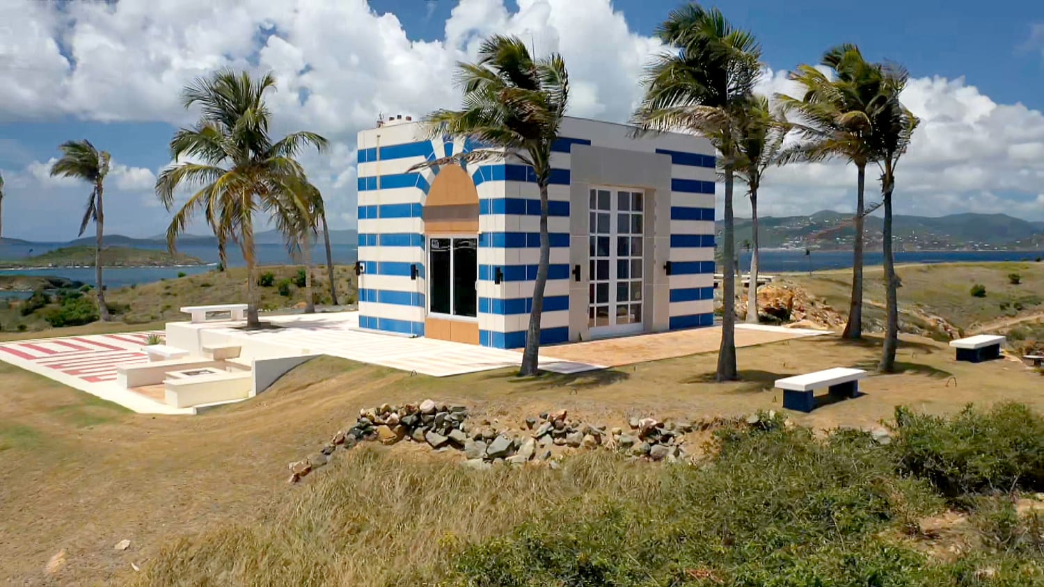 The distinctive blue and white striped temple